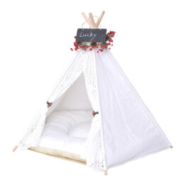 Outdoor Pet Tent: White Cotton Canvas Conical Teepee Pet Tent Collapsible Portable 06-0937 cattree-factory.com