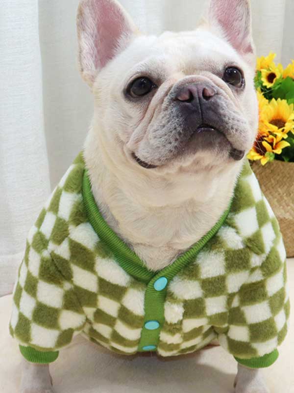 GMTPET Green and white checkerboard fat dog bulldog pug dog French fighting winter clothes plus velvet thick cardigan plush sweater 107-222039 cattree-factory.com
