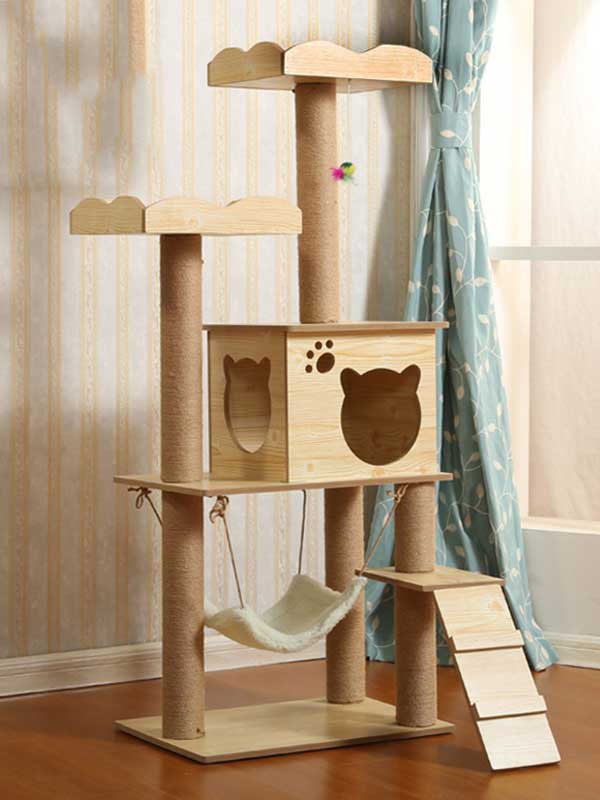 MDF plataforma dupla árvore para gatos rede para sala de gatos estrutura de escalada para gatos 06-1157 cattree-factory.com