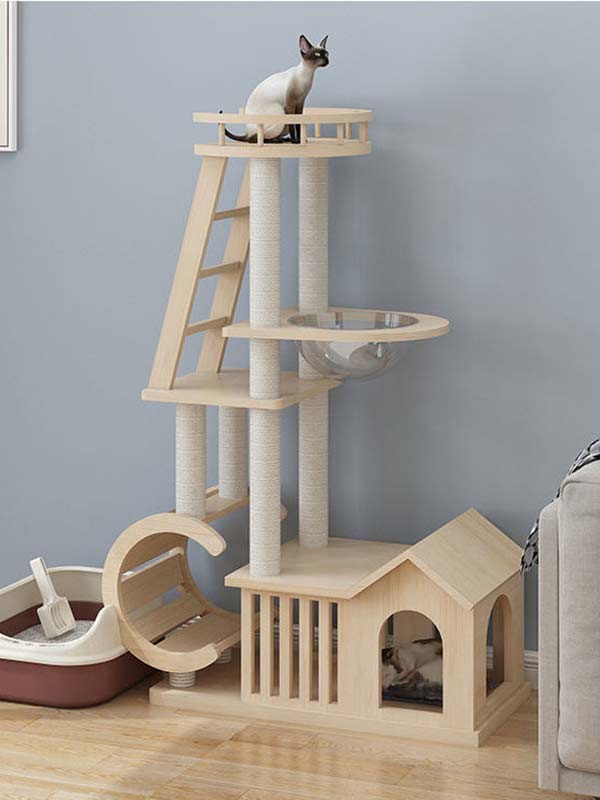 Árvore de gato moderna | Torre de gato de madeira OEM | Estrutura de escalada para gatos em madeira 105-213 cattree-factory.com